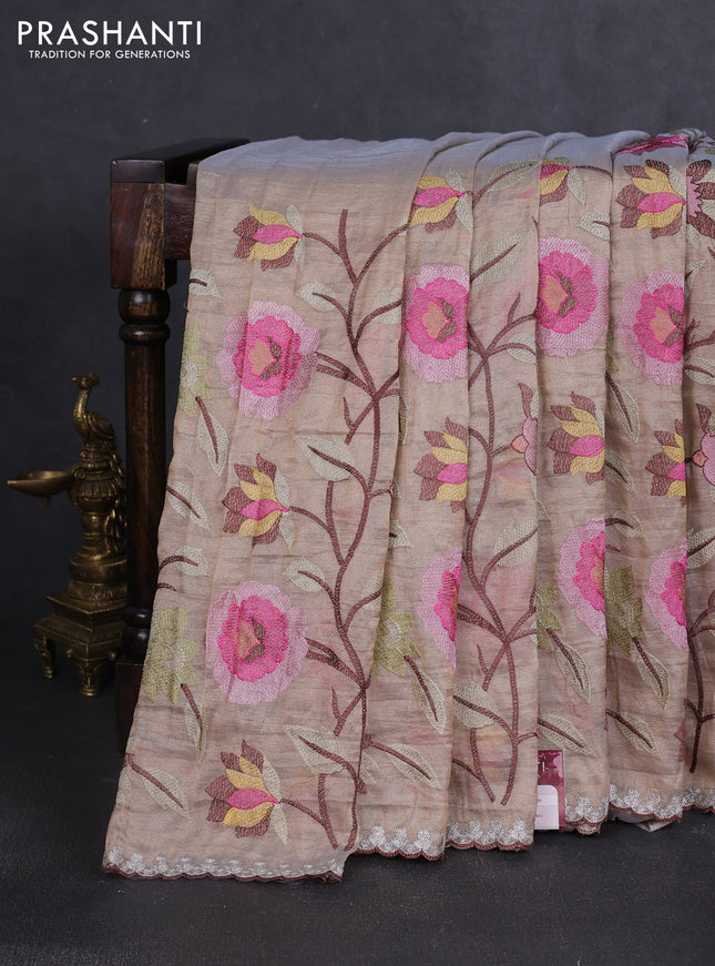 Tissue organza saree beige with floral embroidery work