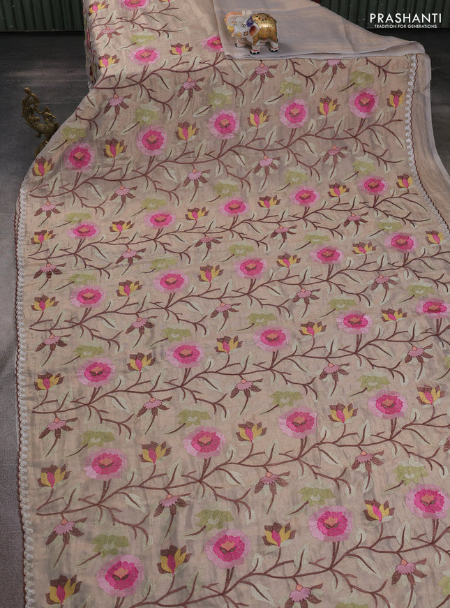 Tissue organza saree beige with floral embroidery work