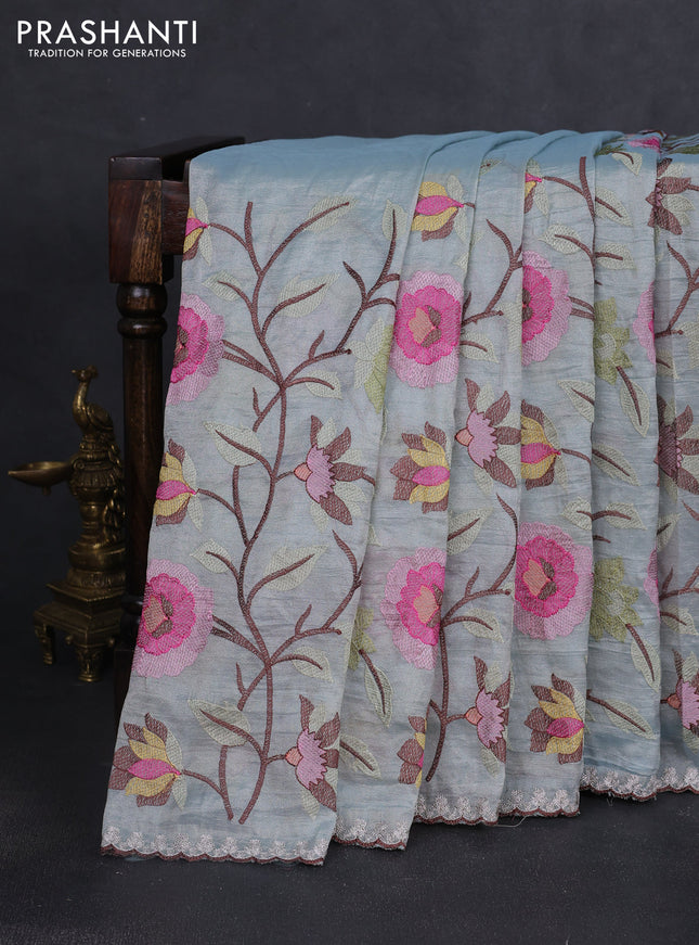 Tissue organza saree pastel blue with floral embroidery work