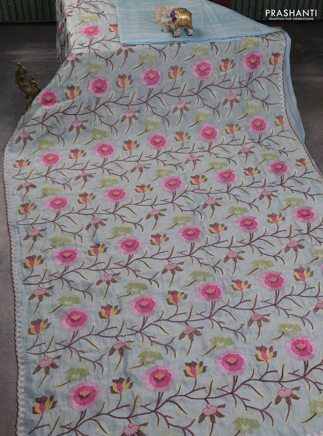 Tissue organza saree pastel blue with floral embroidery work