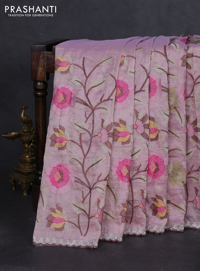 Tissue organza saree pastel pink with floral embroidery work