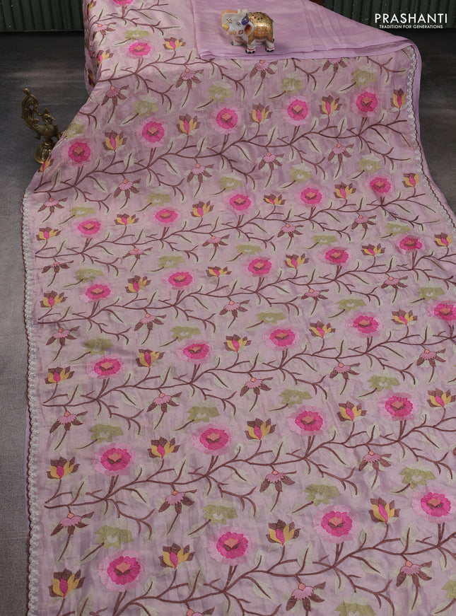 Tissue organza saree pastel pink with floral embroidery work