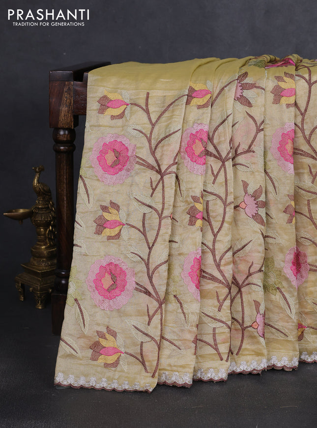 Tissue organza saree sandal with floral embroidery work