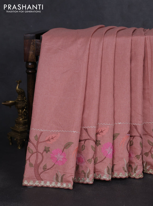 Tissue organza saree peach shade with plain body and embroidery border