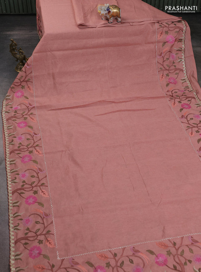 Tissue organza saree peach shade with plain body and embroidery border