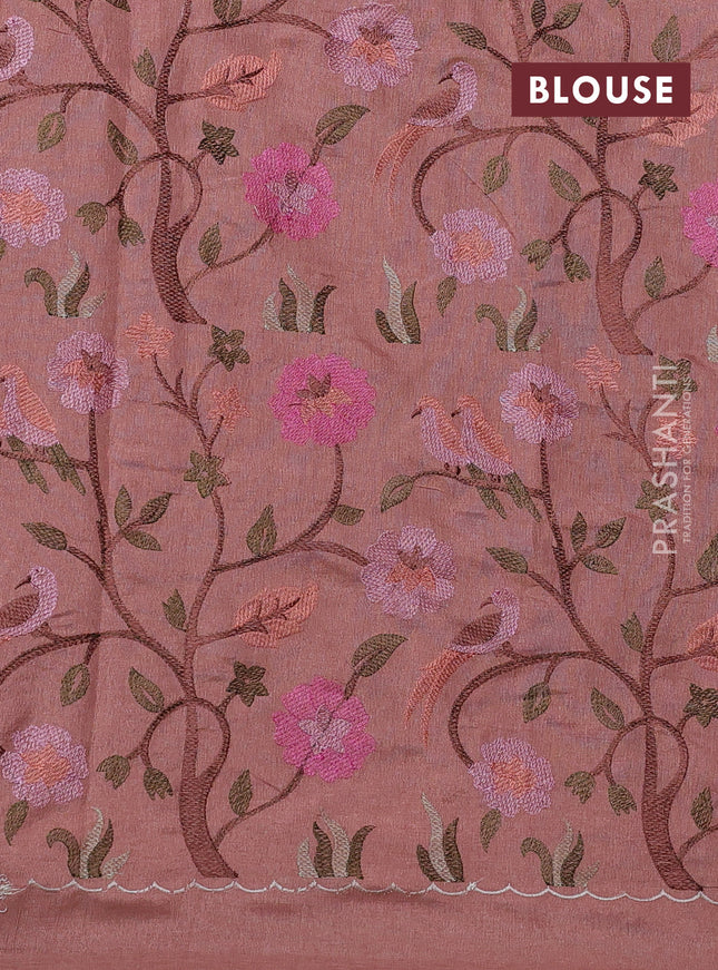 Tissue organza saree peach shade with plain body and embroidery border