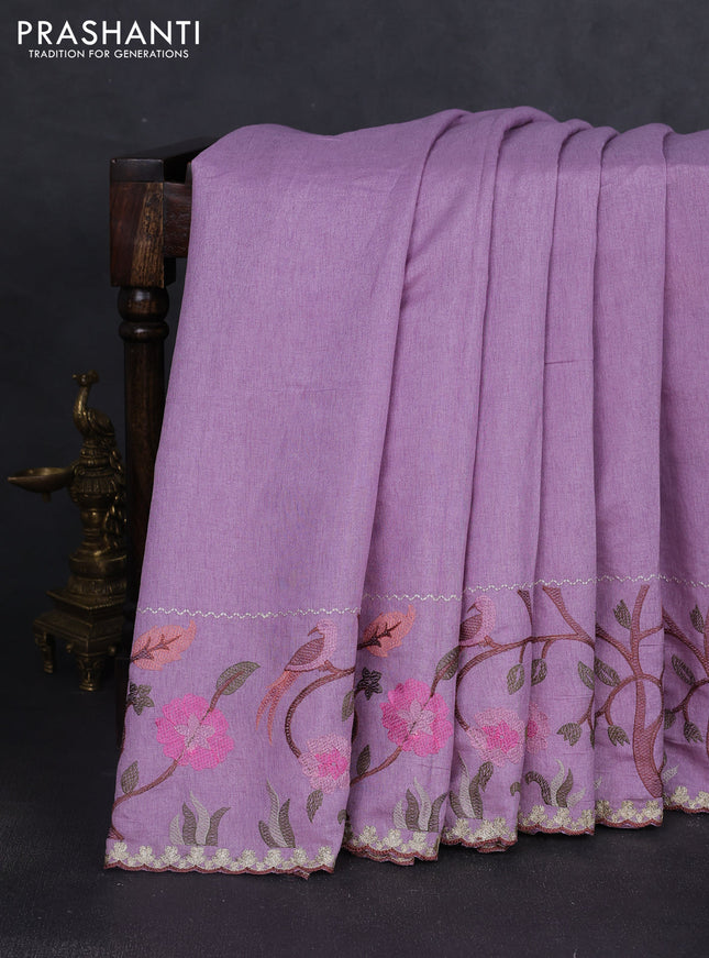 Tissue organza saree lavender with plain body and embroidery border