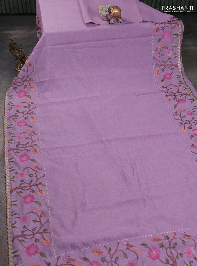 Tissue organza saree lavender with plain body and embroidery border