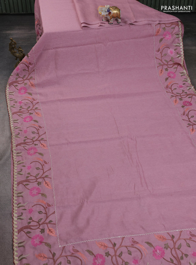 Tissue organza saree pastel pink with plain body and embroidery border