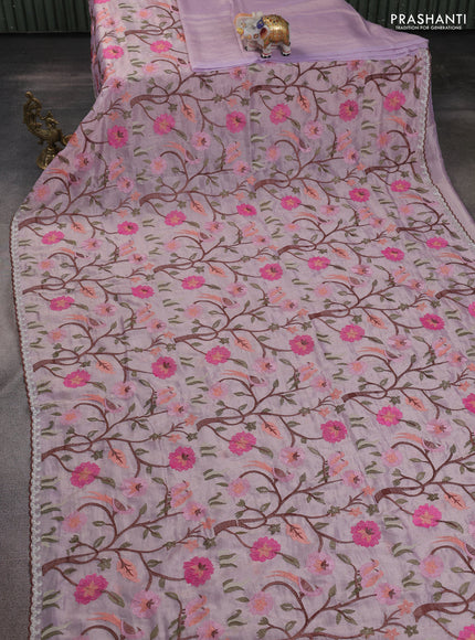 Tissue organza saree mild lavender with allover embroidery work