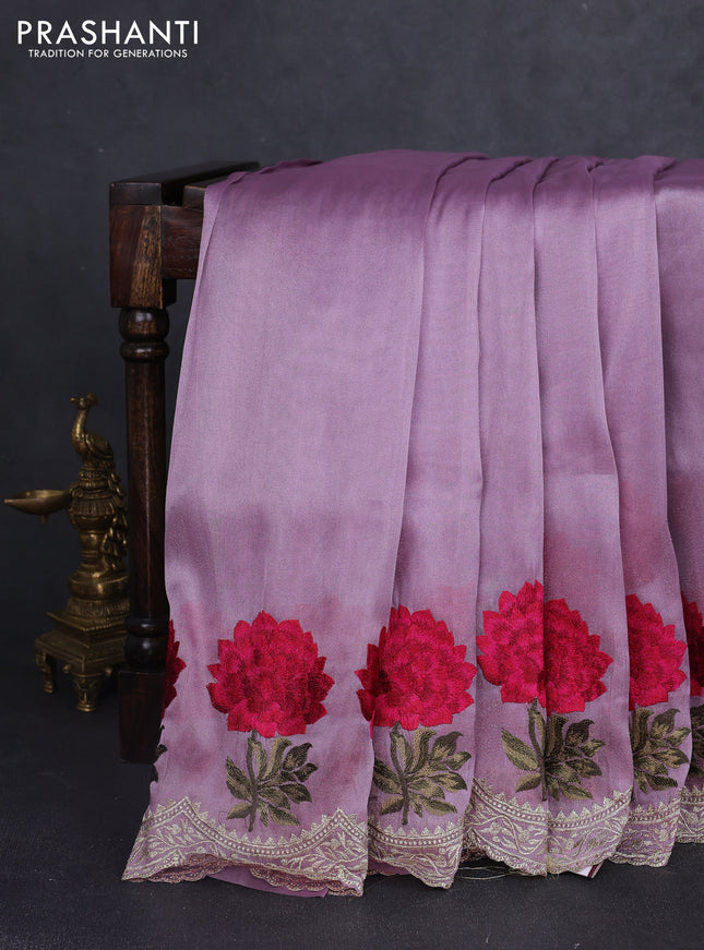Tissue organza saree lavender with plain body and floral embroidery border