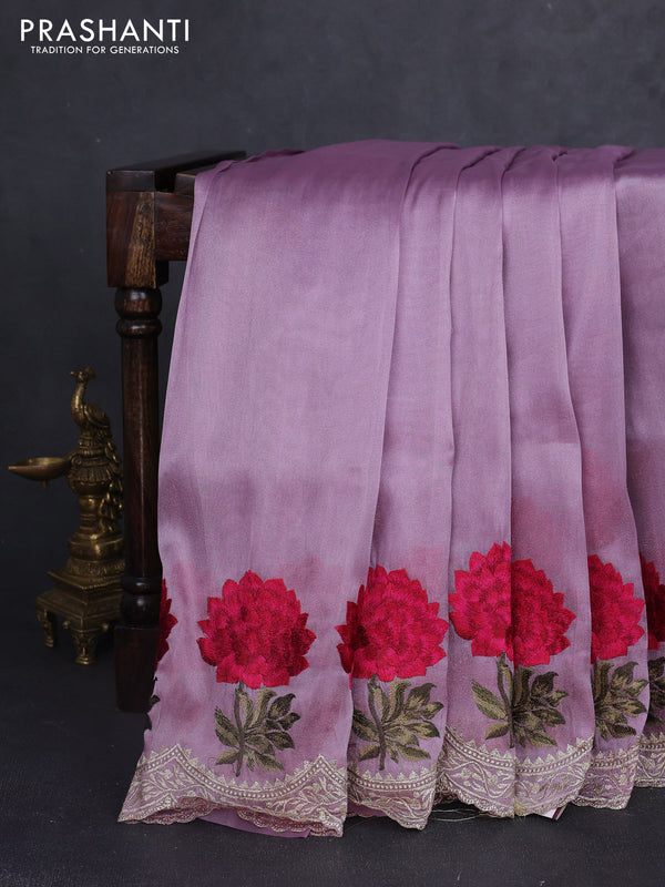 Tissue organza saree lavender with plain body and floral embroidery border