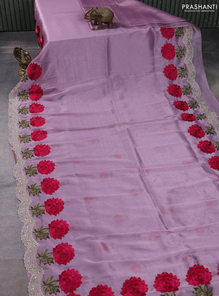 Tissue organza saree lavender with plain body and floral embroidery border