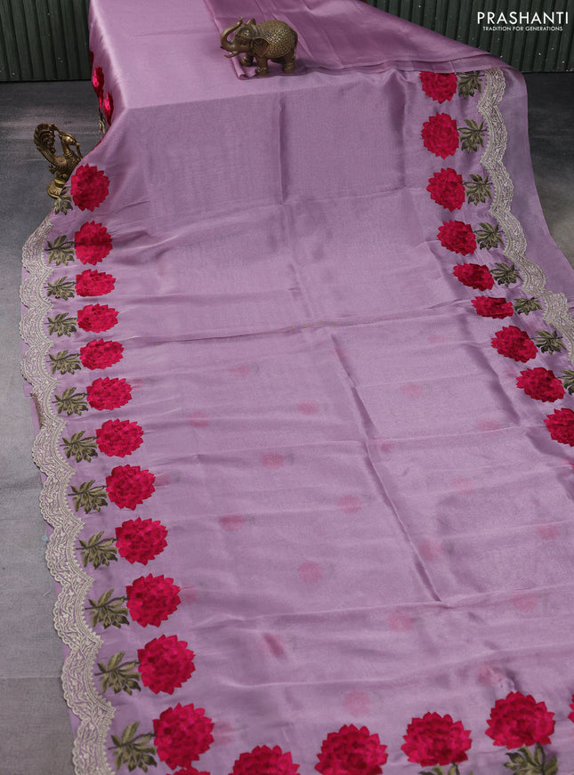 Tissue organza saree lavender with plain body and floral embroidery border
