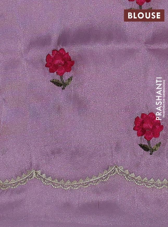 Tissue organza saree lavender with plain body and floral embroidery border