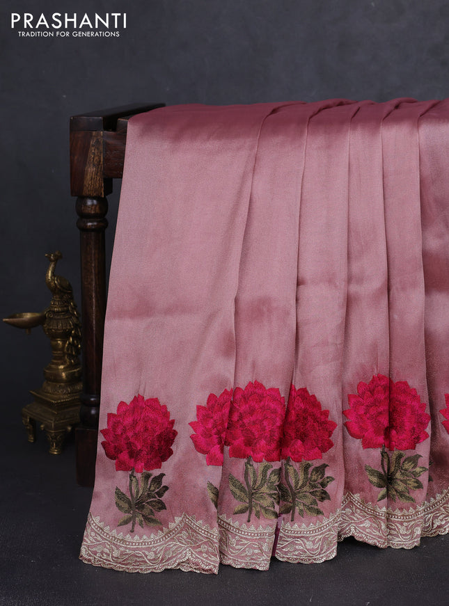 Tissue organza saree pastel peach with plain body and floral embroidery border
