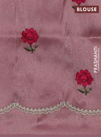 Tissue organza saree pastel peach with plain body and floral embroidery border