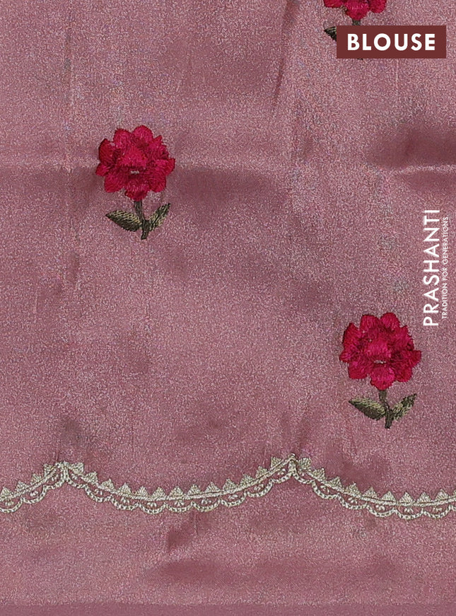 Tissue organza saree pastel peach with plain body and floral embroidery border