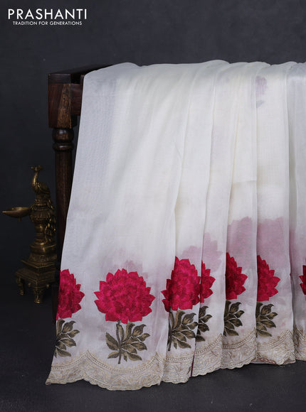 Tissue organza saree cream with plain body and floral embroidery border
