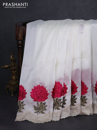 Tissue organza saree cream with plain body and floral embroidery border