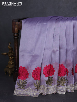 Tissue organza saree pastel lavender with plain body and floral embroidery border