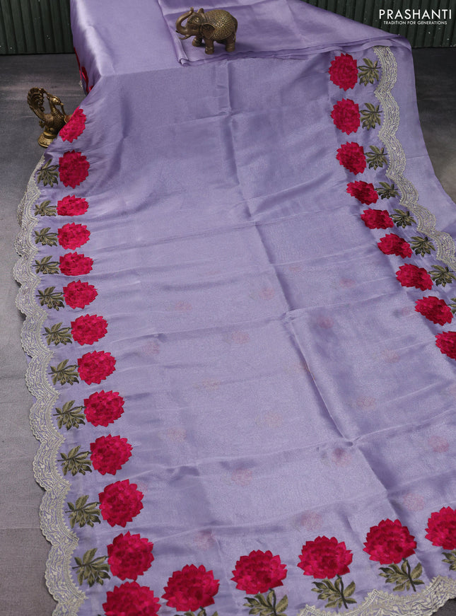 Tissue organza saree pastel lavender with plain body and floral embroidery border