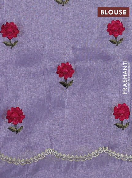 Tissue organza saree pastel lavender with plain body and floral embroidery border