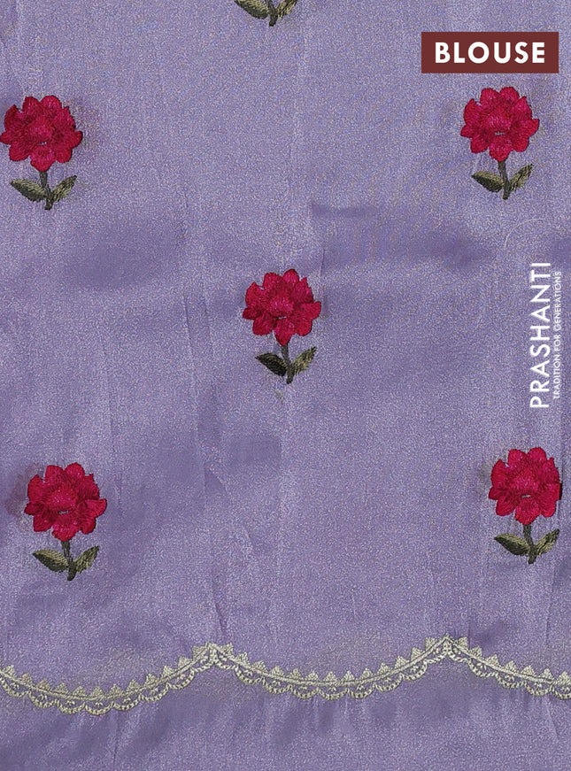 Tissue organza saree pastel lavender with plain body and floral embroidery border
