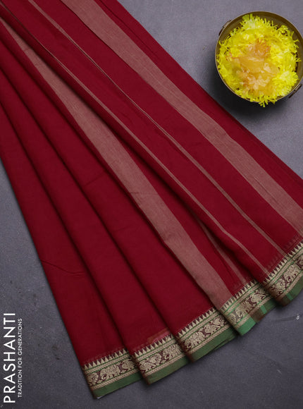 Narayanpet cotton saree red and light green with plain body and thread woven border