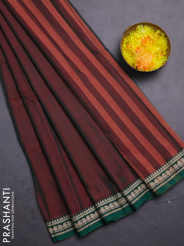 Narayanpet cotton saree dual shade of greenish maroon and green with plain body and thread woven border