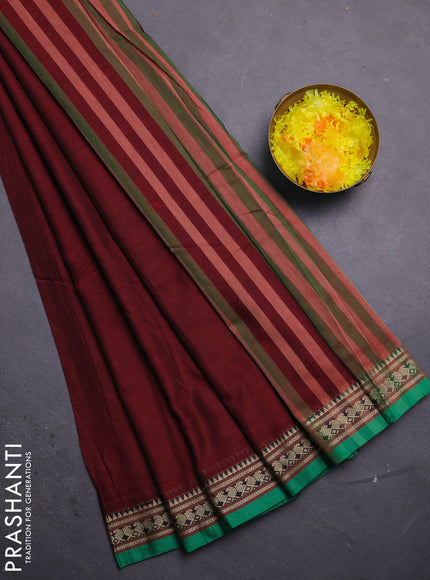 Narayanpet cotton saree deep maroon and green with plain body and thread woven border