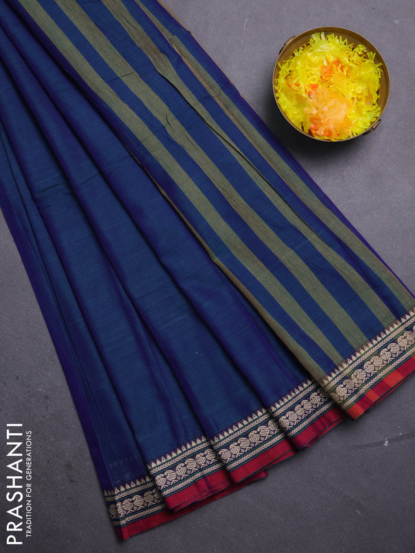 Narayanpet cotton saree blue and maroon with plain body and thread woven border