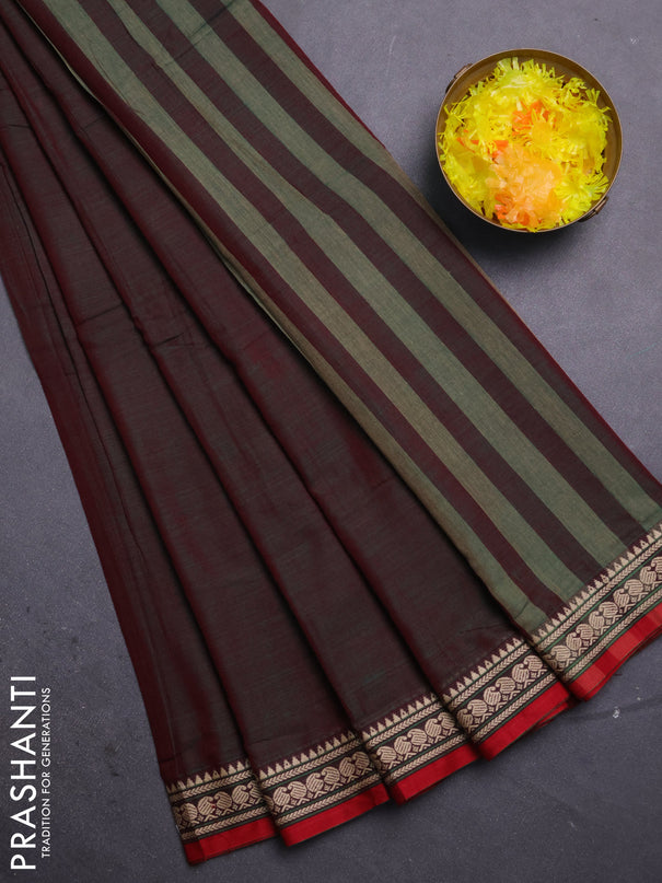 Narayanpet cotton saree dual shade of greenish red and red with plain body and thread woven border