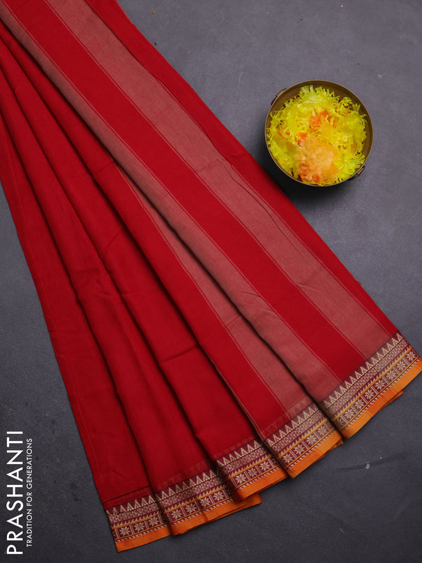 Narayanpet cotton saree red and orange with plain body and temple thread woven border