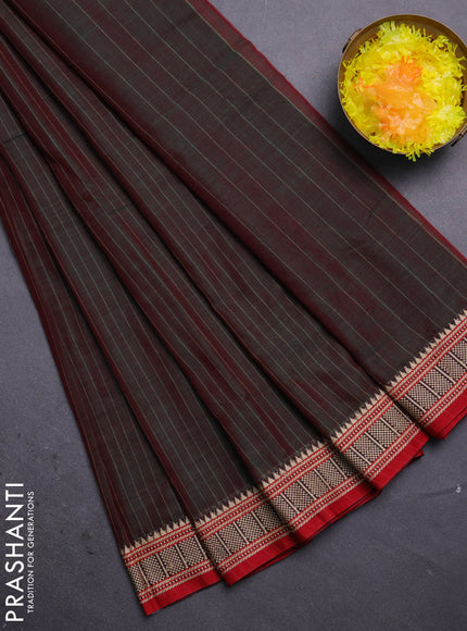 Narayanpet cotton saree dual shade of reddish green and red with allover thread weaves and temple thread woven border