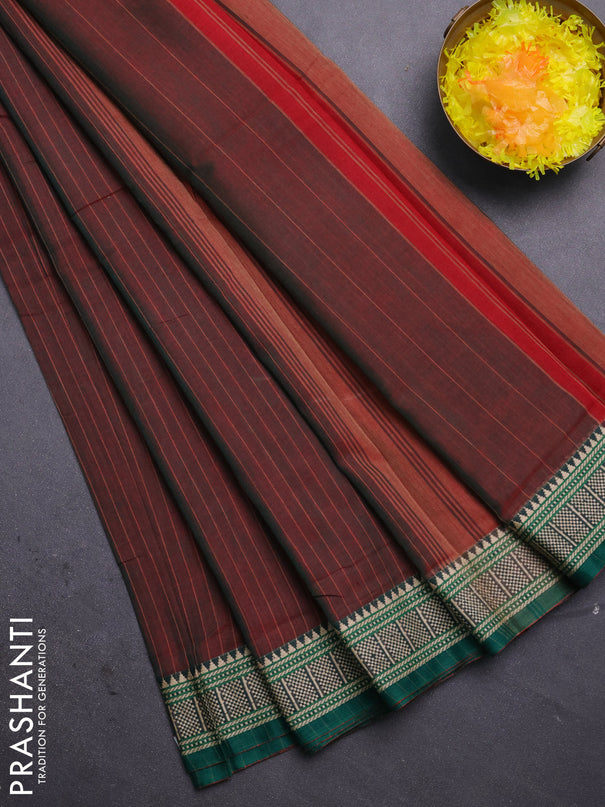 Narayanpet cotton saree dual shade of greenish maroon and green with allover thread weaves and temple thread woven border