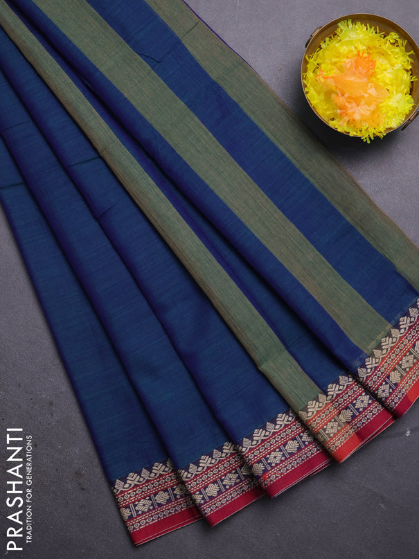 Narayanpet cotton saree dual shade of bluish green and maroon with plain body and thread woven border