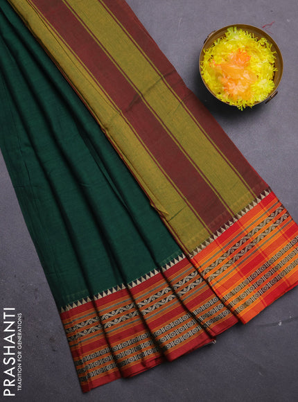 Narayanpet cotton saree green and rust shade with plain body and thread woven border