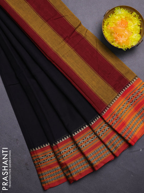Narayanpet cotton saree black and rust shade with plain body and thread woven border