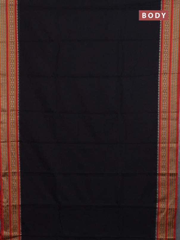 Narayanpet cotton saree black and rust shade with plain body and thread woven border