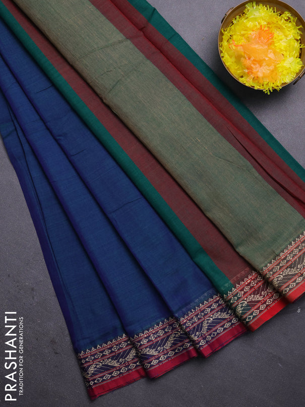 Narayanpet cotton saree dual shade of greenish blue and maroon with plain body and thread woven border