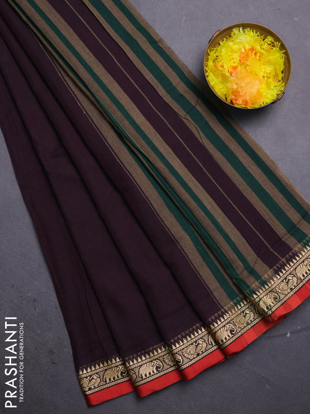 Narayanpet cotton saree coffee brown and rust shade with plain body and thread woven border