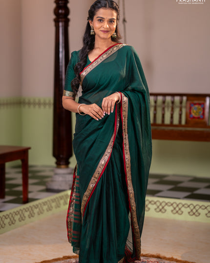 Narayanpet cotton saree green and maroon with plain body and thread woven border