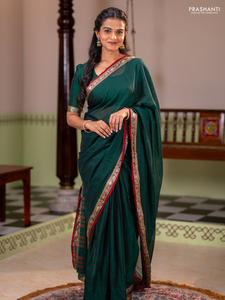 Narayanpet cotton saree green and maroon with plain body and thread woven border