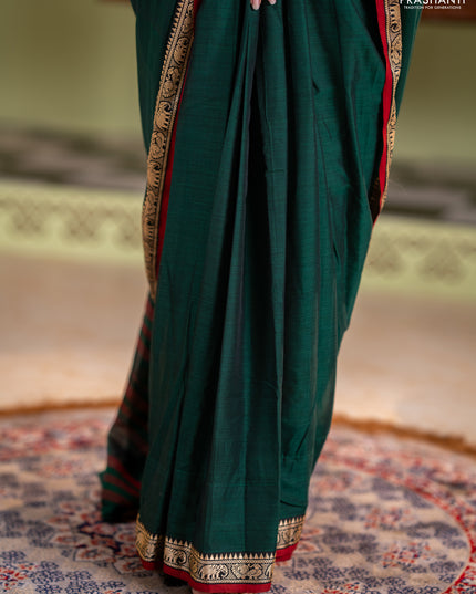 Narayanpet cotton saree green and maroon with plain body and thread woven border