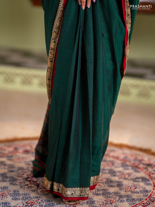 Narayanpet cotton saree green and maroon with plain body and thread woven border