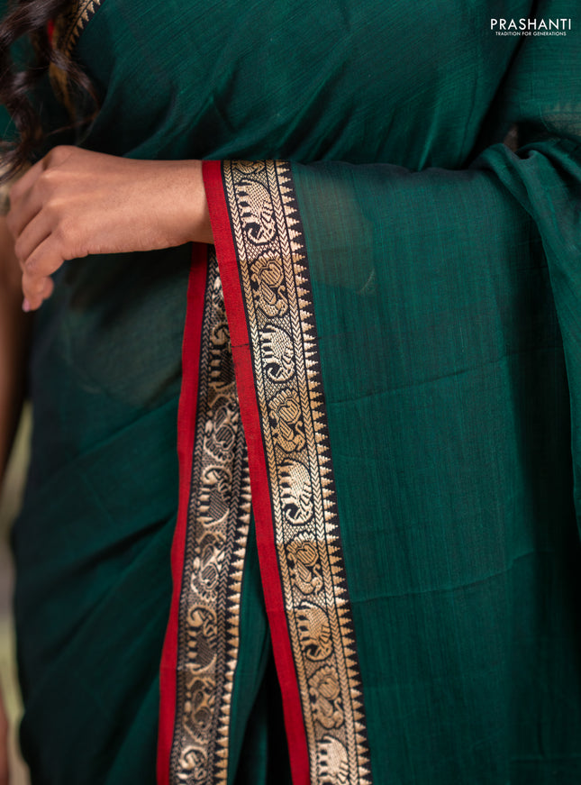 Narayanpet cotton saree green and maroon with plain body and thread woven border
