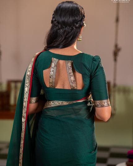 Narayanpet cotton saree green and maroon with plain body and thread woven border