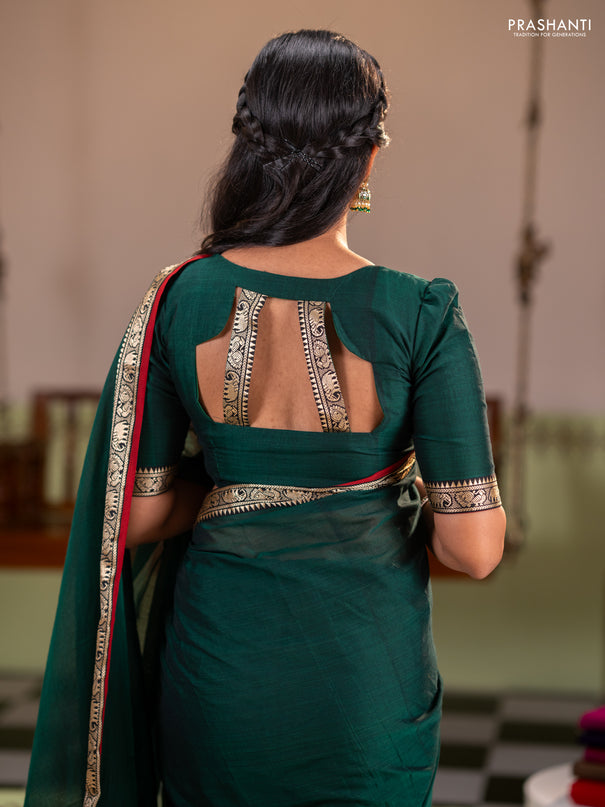 Narayanpet cotton saree green and maroon with plain body and thread woven border