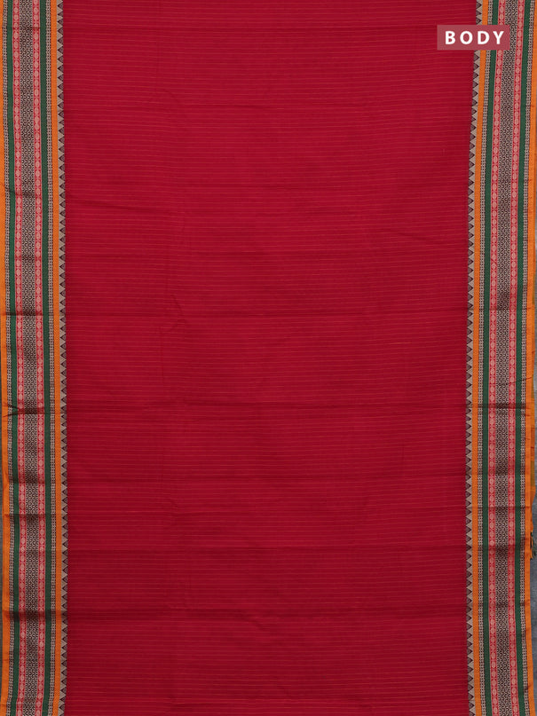 Narayanpet cotton saree red and orange with allover stripes pattern and rettapet thread woven border